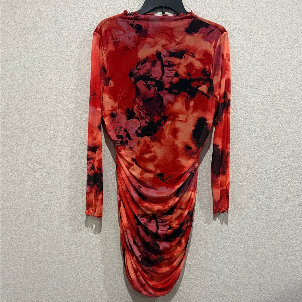 Women’s Red Tie-Dye Long Sleeve Ruched Dress